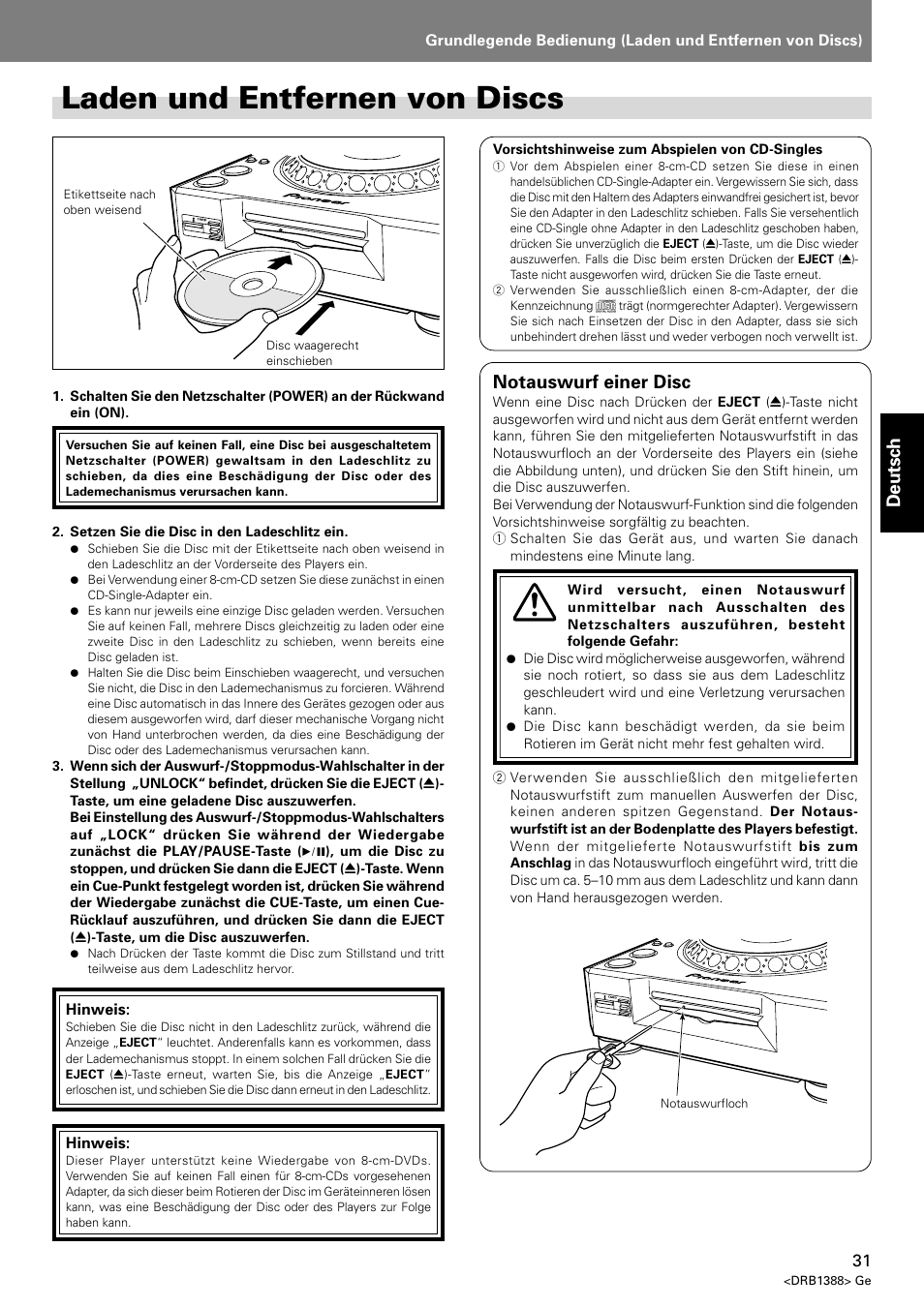Laden und entfernen von discs, Deutsch, Notauswurf einer disc | Pioneer DVJ-X1 User Manual | Page 137 / 308