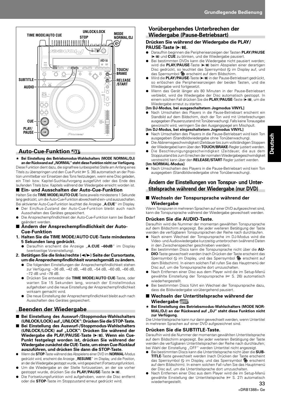 Deutsch, Auto-cue-funktion, Beenden der wiedergabe | Pioneer DVJ-X1 User Manual | Page 139 / 308