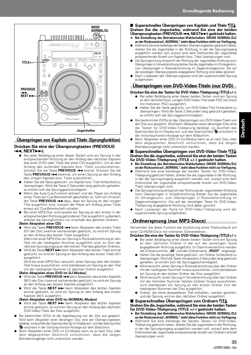 Deutsch, Überspringen von dvd-video-titeln (nur dvd), Ordnersprung (nur mp3-discs) | Pioneer DVJ-X1 User Manual | Page 141 / 308