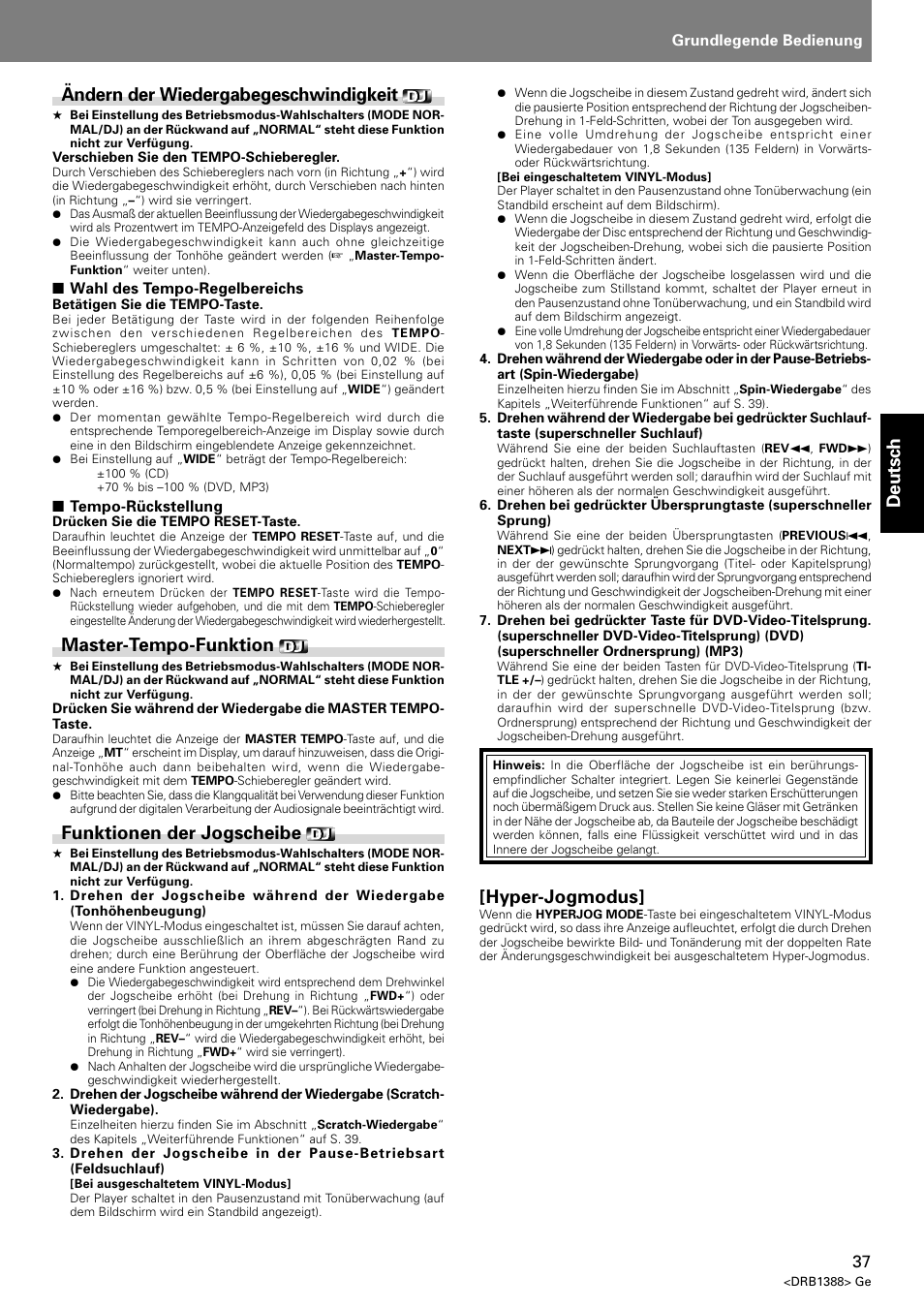 Deutsch, Ändern der wiedergabegeschwindigkeit, Master-tempo-funktion | Funktionen der jogscheibe, Hyper-jogmodus | Pioneer DVJ-X1 User Manual | Page 143 / 308