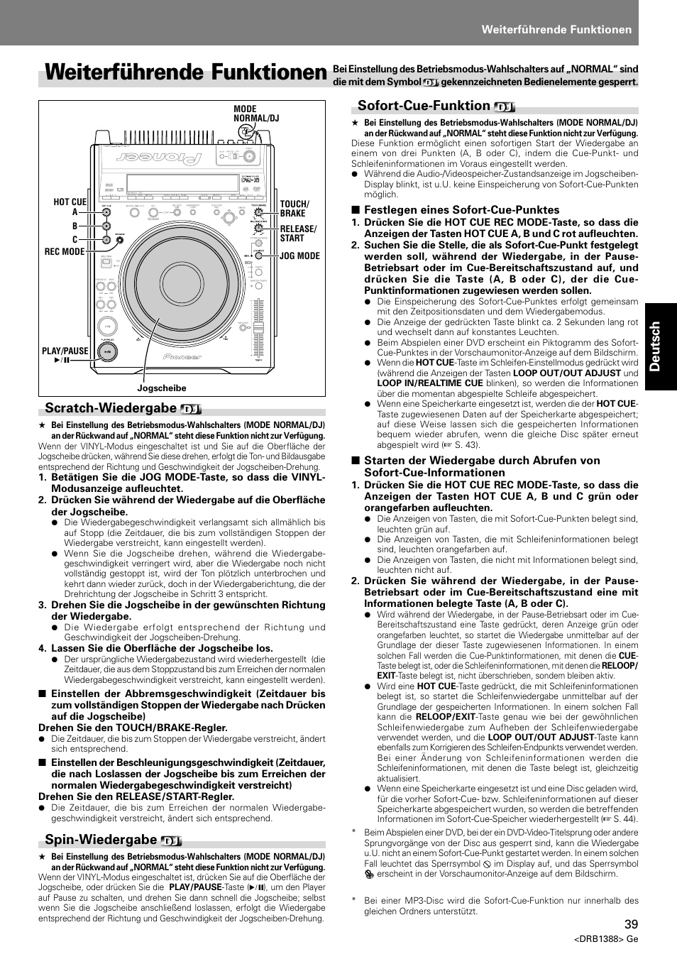 Weiterführende funktionen, Deutsch, Scratch-wiedergabe | Spin-wiedergabe, Sofort-cue-funktion | Pioneer DVJ-X1 User Manual | Page 145 / 308