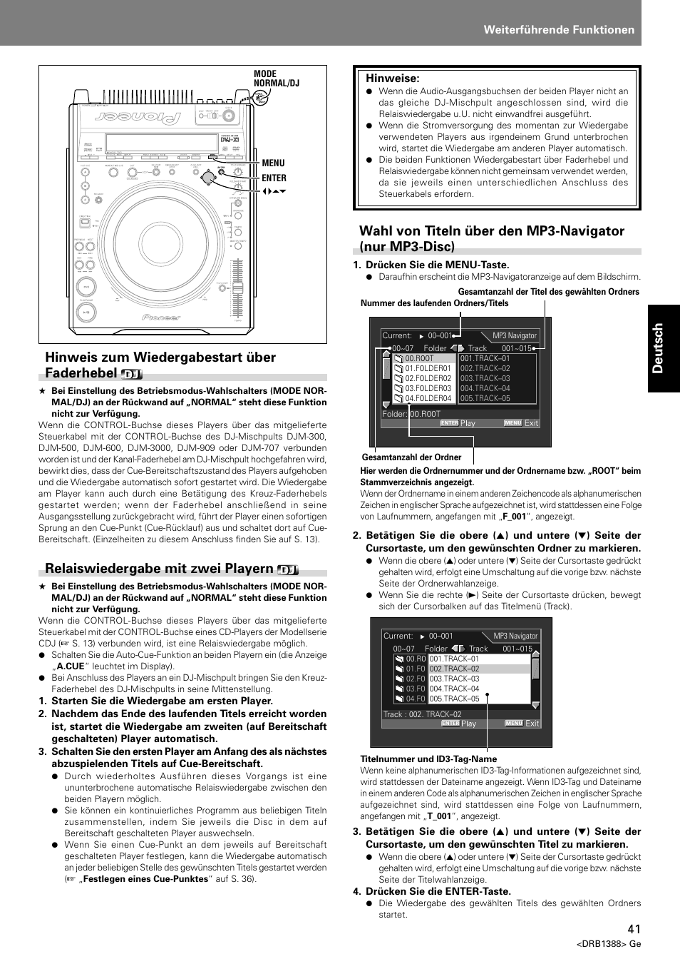Deutsch, Relaiswiedergabe mit zwei playern, Hinweis zum wiedergabestart über faderhebel | Weiterführende funktionen, Hinweise | Pioneer DVJ-X1 User Manual | Page 147 / 308