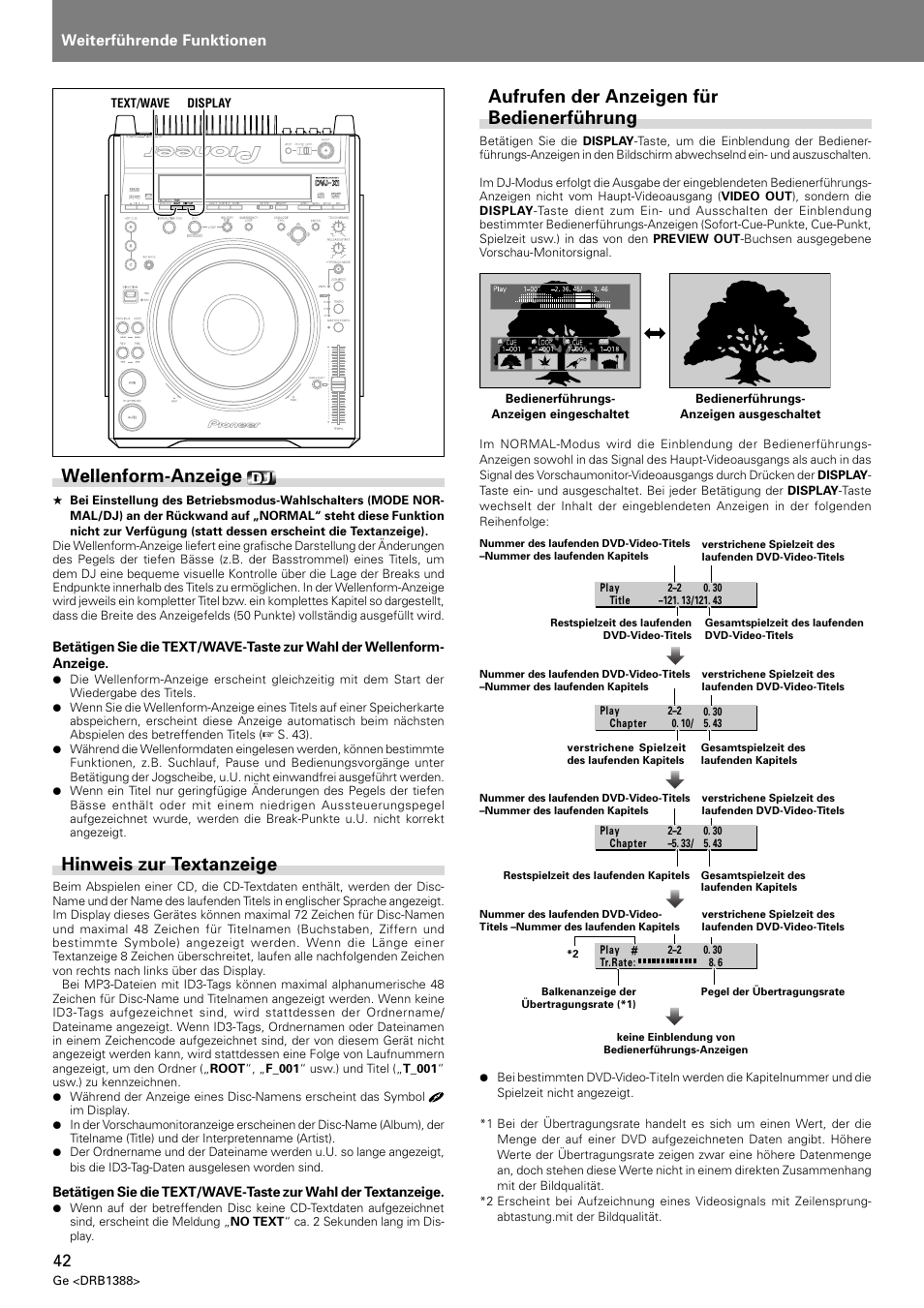 Aufrufen der anzeigen für bedienerführung, Wellenform-anzeige, Hinweis zur textanzeige | Weiterführende funktionen | Pioneer DVJ-X1 User Manual | Page 148 / 308