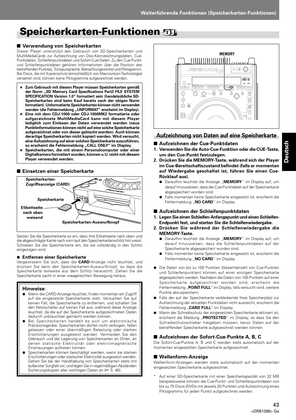 Speicherkarten-funktionen, Aufzeichnung von daten auf eine speicherkarte, Deutsch | Pioneer DVJ-X1 User Manual | Page 149 / 308