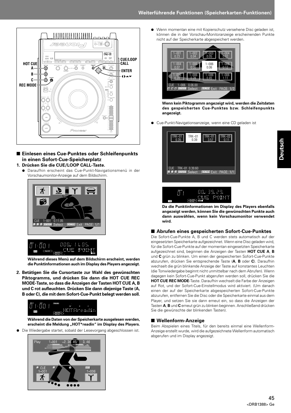 Deutsch, Abrufen eines gespeicherten sofort-cue-punktes, Wellenform-anzeige | Pioneer DVJ-X1 User Manual | Page 151 / 308