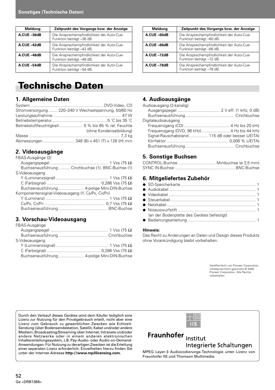 Technische daten, Allgemeine daten, Videoausgänge | Vorschau-videoausgang, Audioausgänge, Sonstige buchsen, Mitgeliefertes zubehör | Pioneer DVJ-X1 User Manual | Page 158 / 308
