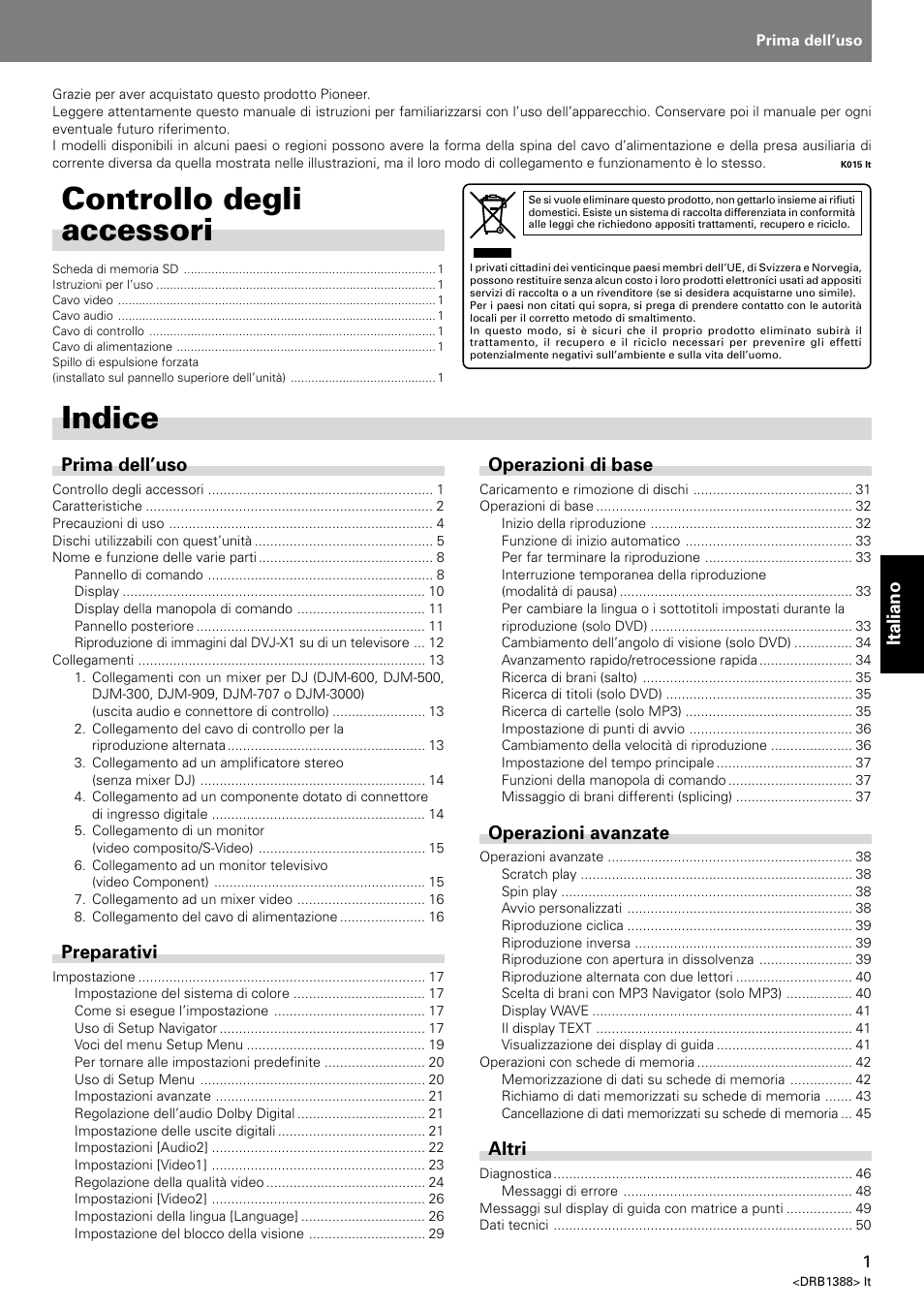 Istruzioni per l’uso, Indice, Controllo degli accessori | Italiano, Prima dell’uso, Preparativi, Operazioni di base, Operazioni avanzate, Altri | Pioneer DVJ-X1 User Manual | Page 159 / 308