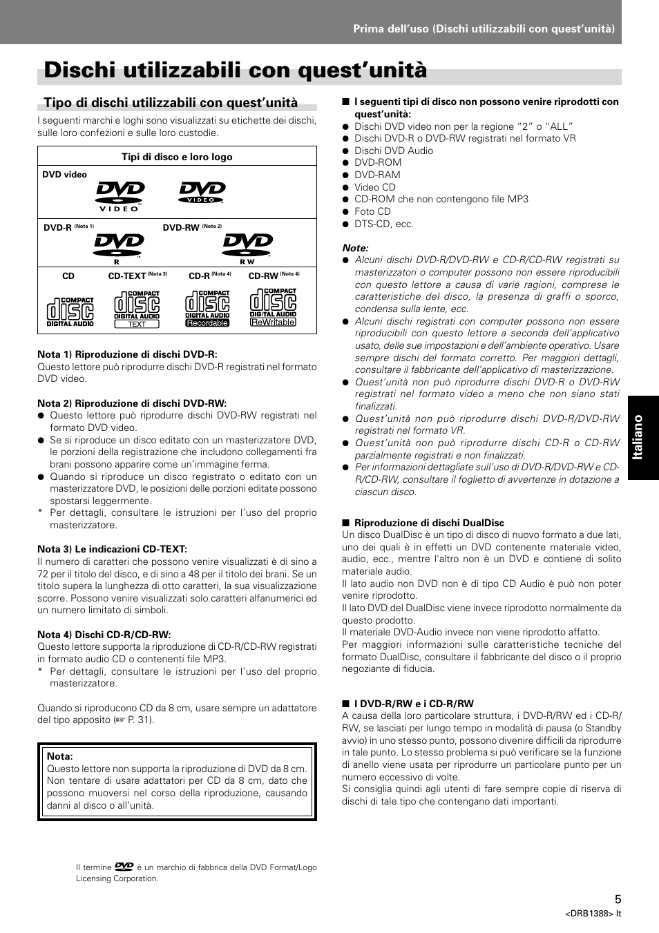 Dischi utilizzabili con quest’unità, Italiano, Tipo di dischi utilizzabili con quest’unità | Pioneer DVJ-X1 User Manual | Page 163 / 308