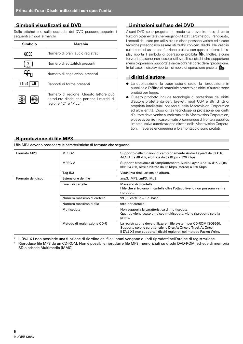 Limitazioni sull’uso dei dvd, I diritti d’autore, Riproduzione di file mp3 | Simboli visualizzati sui dvd | Pioneer DVJ-X1 User Manual | Page 164 / 308