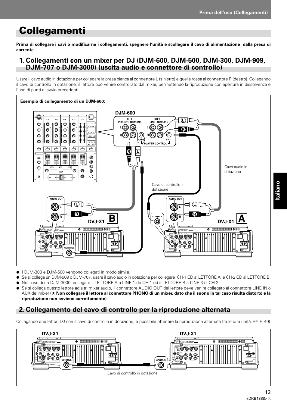Collegamenti, Collegamenti con un mixer per dj (djm-600, djm-500, Collegamento del cavo di controllo per la | Riproduzione alternata, Acollegamenti, Italiano, Prima dell’uso (collegamenti), Djm-600 dvj-x1, Dvj-x1, Drb1388> it | Pioneer DVJ-X1 User Manual | Page 171 / 308
