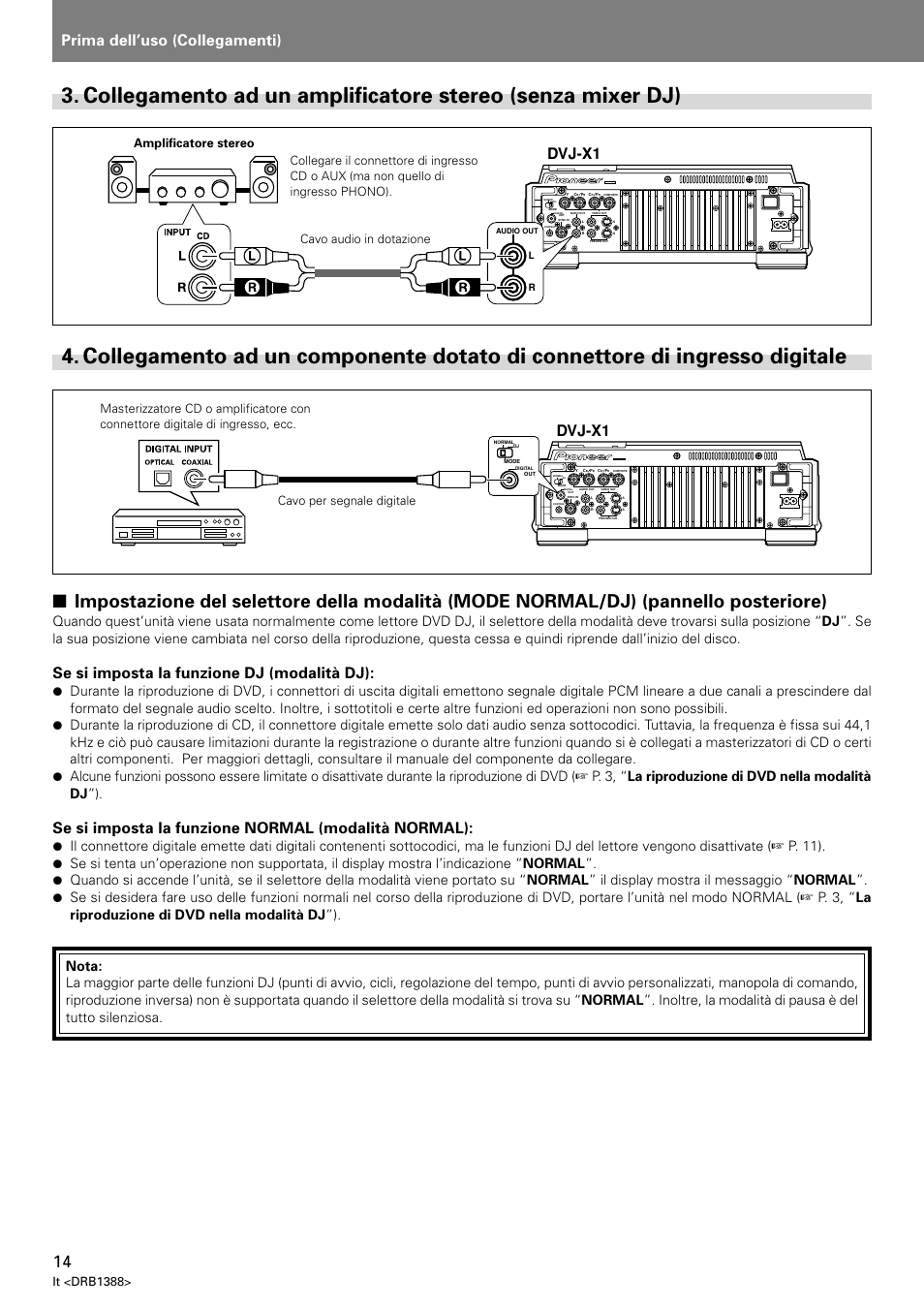 Collegamento ad un amplificatore stereo, Senza mixer dj), Collegamento ad un componente dotato di connettore | Di ingresso digitale, Prima dell’uso (collegamenti), Dvj-x1, Se si imposta la funzione dj (modalità dj), Se si imposta la funzione normal (modalità normal), It <drb1388 | Pioneer DVJ-X1 User Manual | Page 172 / 308
