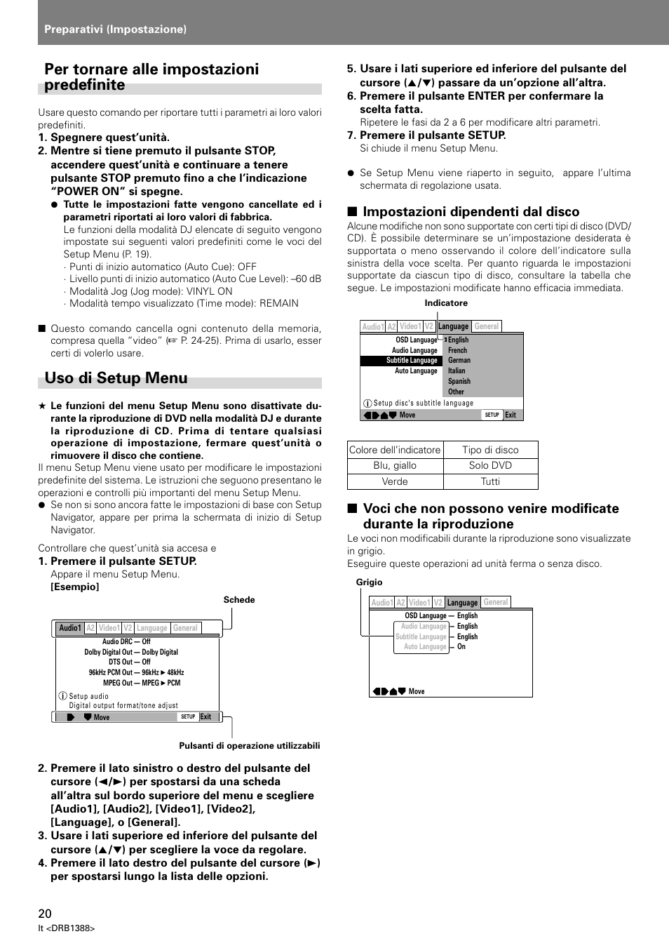 Per tornare alle impostazioni predefinite, Uso di setup menu, Impostazioni dipendenti dal disco | Pioneer DVJ-X1 User Manual | Page 178 / 308