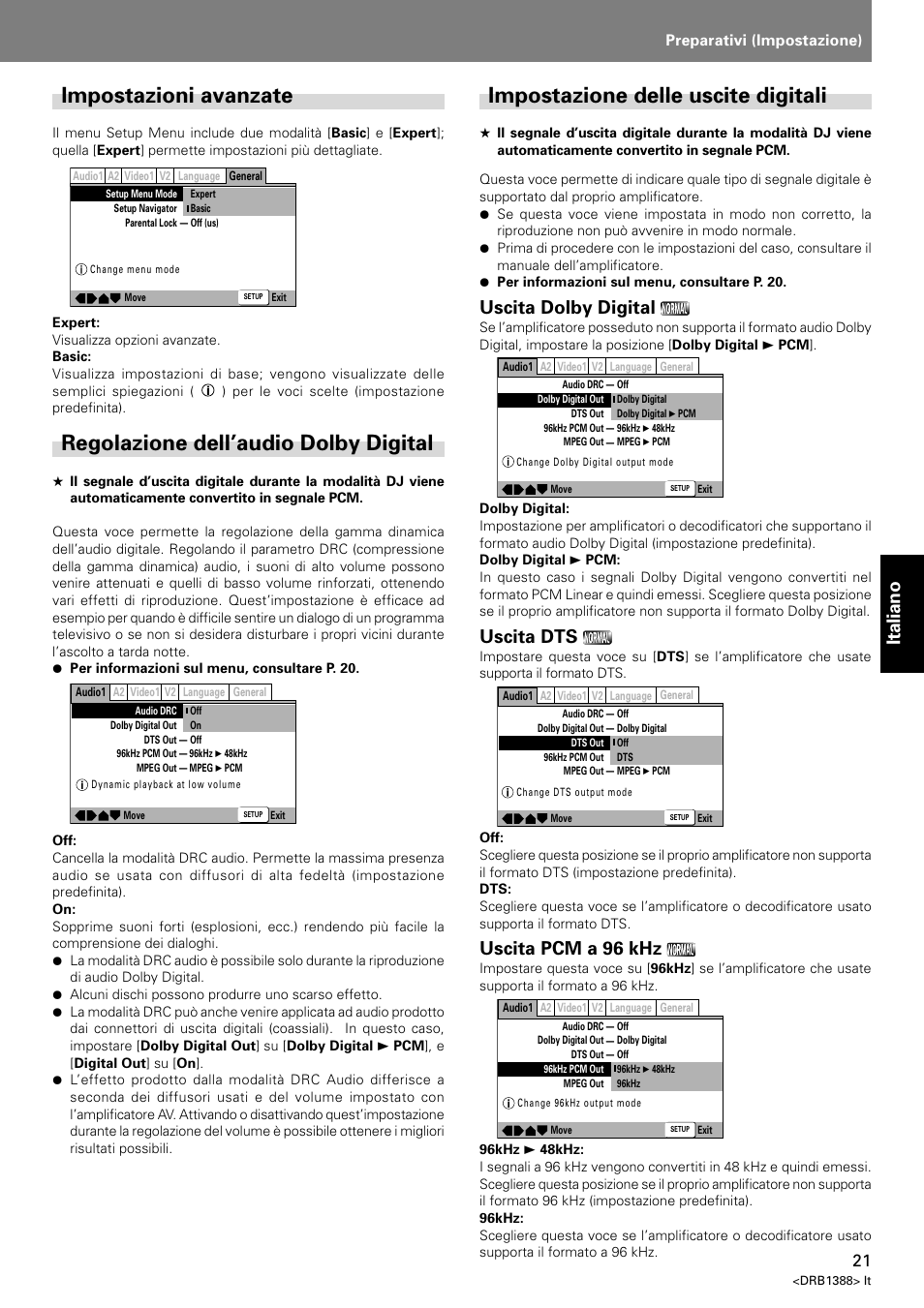 Impostazioni avanzate, Regolazione dell’audio dolby digital, Impostazione delle uscite digitali | Italiano, Uscita dolby digital, Uscita dts, Uscita pcm a 96 khz, Preparativi (impostazione) | Pioneer DVJ-X1 User Manual | Page 179 / 308