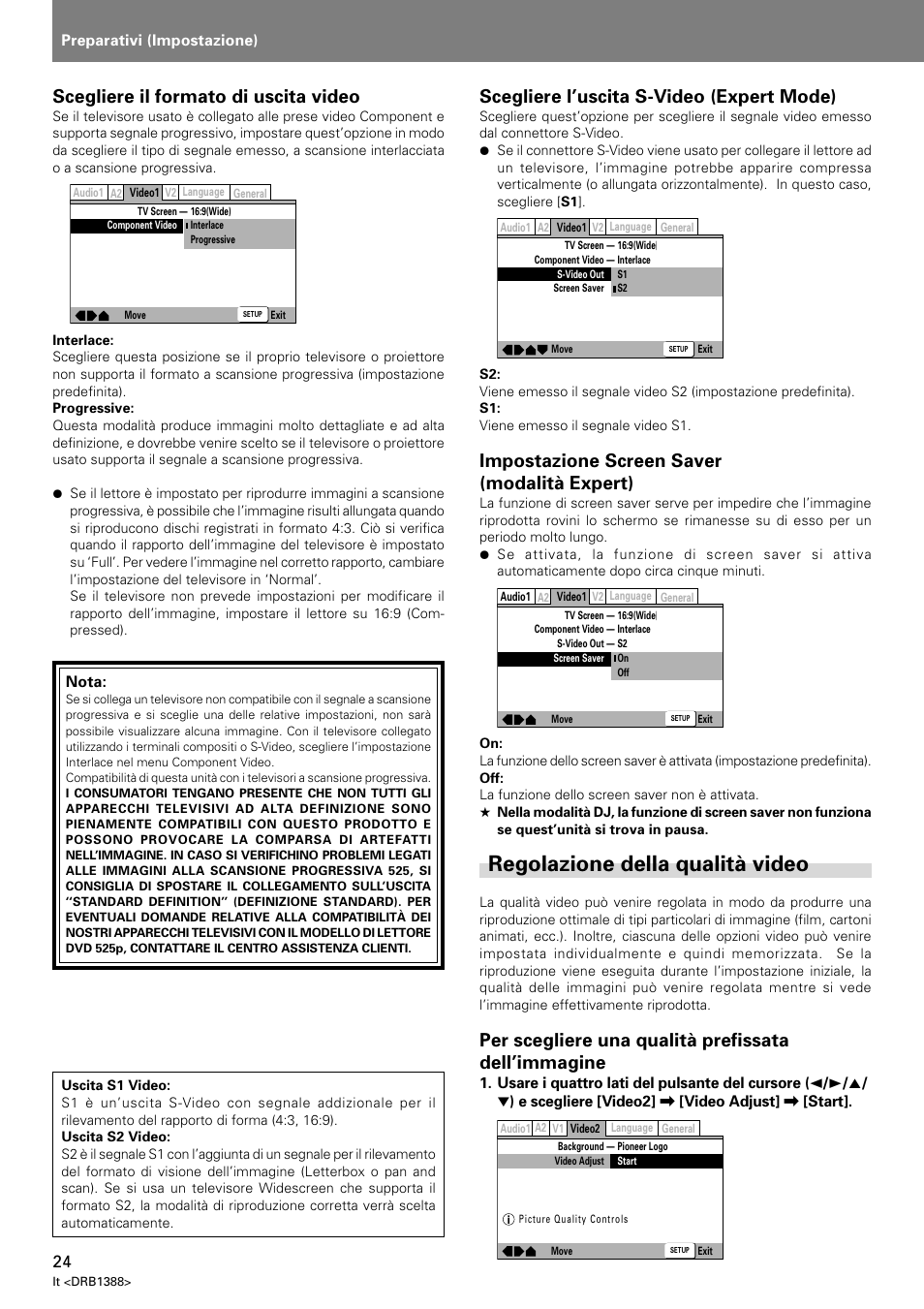 Regolazione della qualità video, Scegliere il formato di uscita video, Scegliere l’uscita s-video (expert mode) | Impostazione screen saver (modalità expert), Per scegliere una qualità prefissata dell’immagine, Preparativi (impostazione), Nota | Pioneer DVJ-X1 User Manual | Page 182 / 308