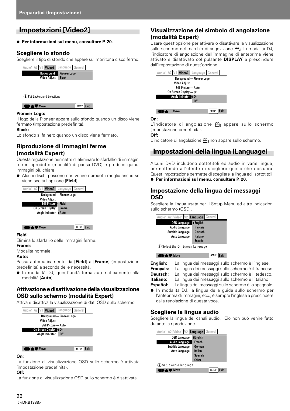Impostazioni [video2, Impostazioni della lingua [language, Scegliere lo sfondo | Riproduzione di immagini ferme (modalità expert), Impostazione della lingua dei messaggi osd, Scegliere la lingua audio, Preparativi (impostazione) | Pioneer DVJ-X1 User Manual | Page 184 / 308
