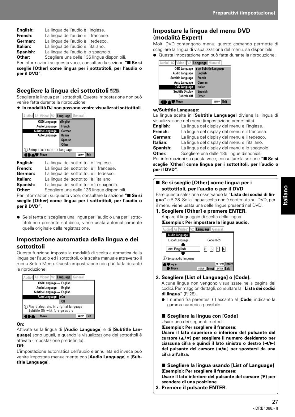 Italiano, Scegliere la lingua dei sottotitoli, Impostare la lingua del menu dvd (modalità expert) | Pioneer DVJ-X1 User Manual | Page 185 / 308