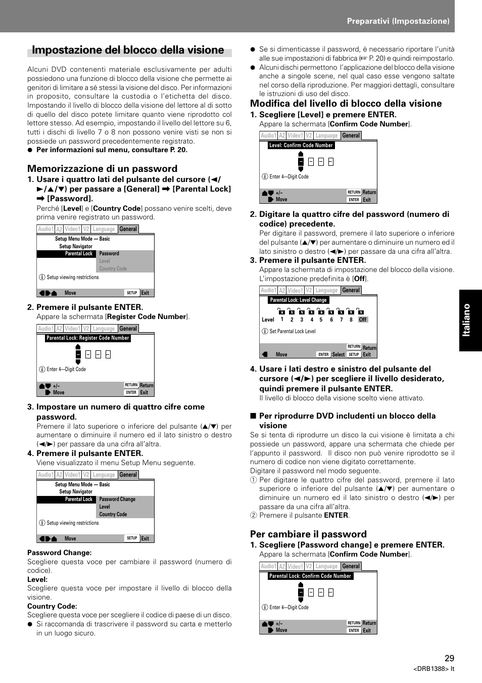 Impostazione del blocco della visione, Italiano, Modifica del livello di blocco della visione | Per cambiare il password | Pioneer DVJ-X1 User Manual | Page 187 / 308