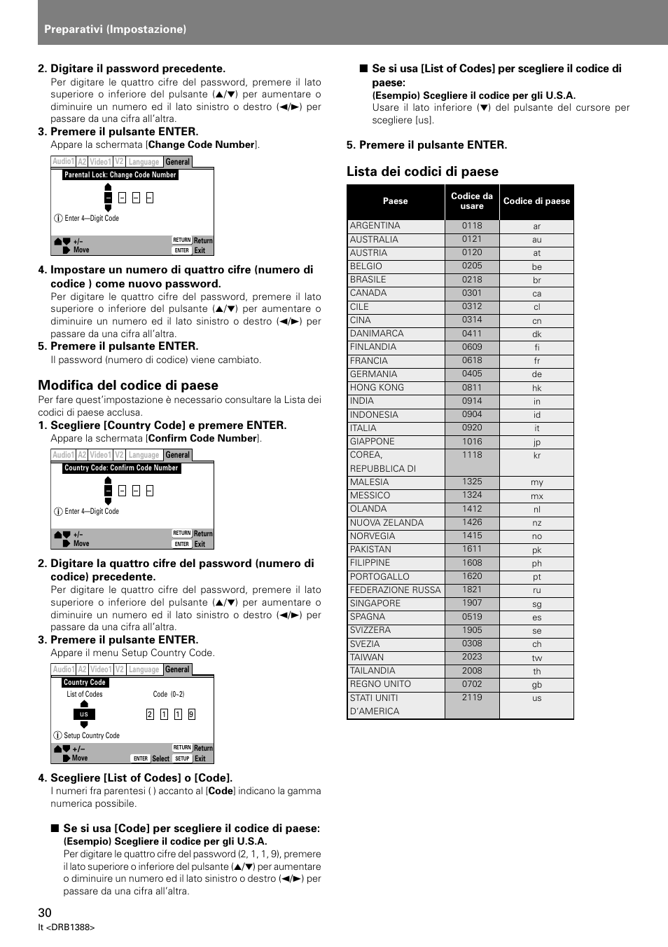 Lista dei codici di paese, Modifica del codice di paese, Preparativi (impostazione) | Digitare il password precedente, Premere il pulsante enter, Scegliere [country code] e premere enter, Scegliere [list of codes] o [code, Se si usa [code] per scegliere il codice di paese | Pioneer DVJ-X1 User Manual | Page 188 / 308