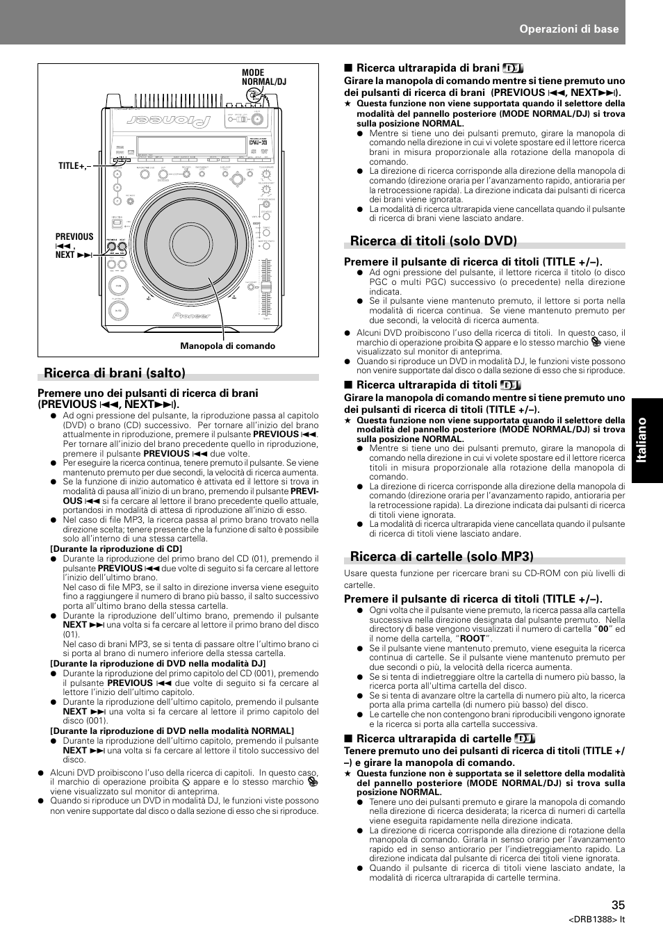 Italiano, Ricerca di brani (salto), Ricerca di titoli (solo dvd) | Ricerca di cartelle (solo mp3) | Pioneer DVJ-X1 User Manual | Page 193 / 308