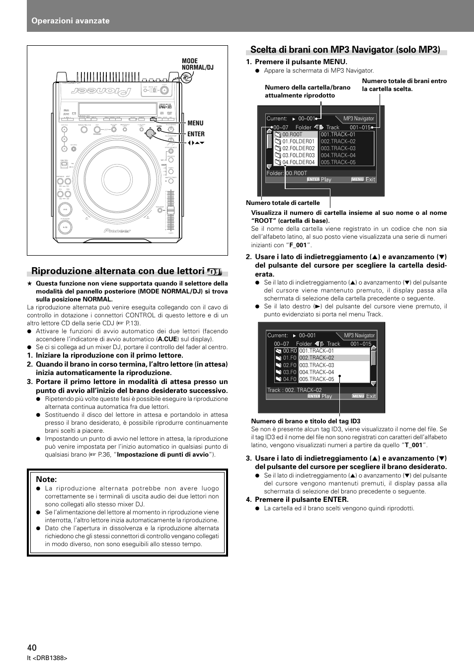 Riproduzione alternata con due lettori, Scelta di brani con mp3 navigator (solo mp3), Operazioni avanzate | Pioneer DVJ-X1 User Manual | Page 198 / 308