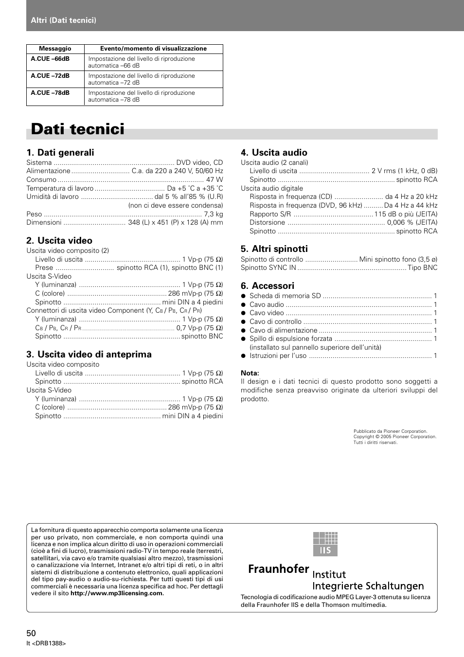 Dati tecnici, Dati generali, Uscita video | Uscita video di anteprima, Uscita audio, Altri spinotti, Accessori | Pioneer DVJ-X1 User Manual | Page 208 / 308