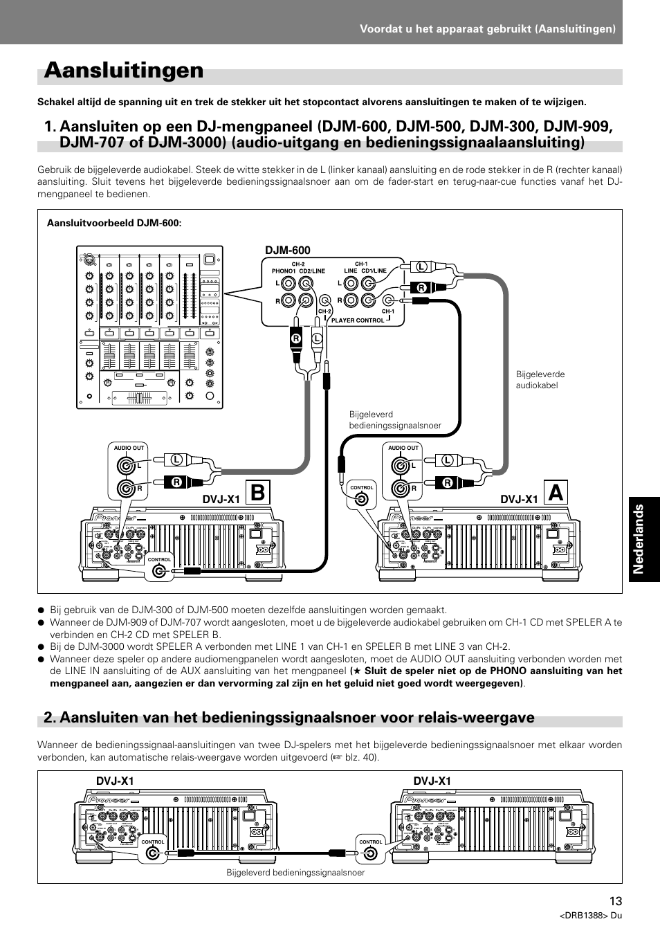 Aansluitingen, Aansluiten op een dj-mengpaneel (djm-600, Aansluiten van het bedieningssignaalsnoer voor | Relais-weergave, Aaansluitingen, Nederlands, Voordat u het apparaat gebruikt (aansluitingen), Djm-600 dvj-x1, Dvj-x1, Drb1388> du | Pioneer DVJ-X1 User Manual | Page 221 / 308