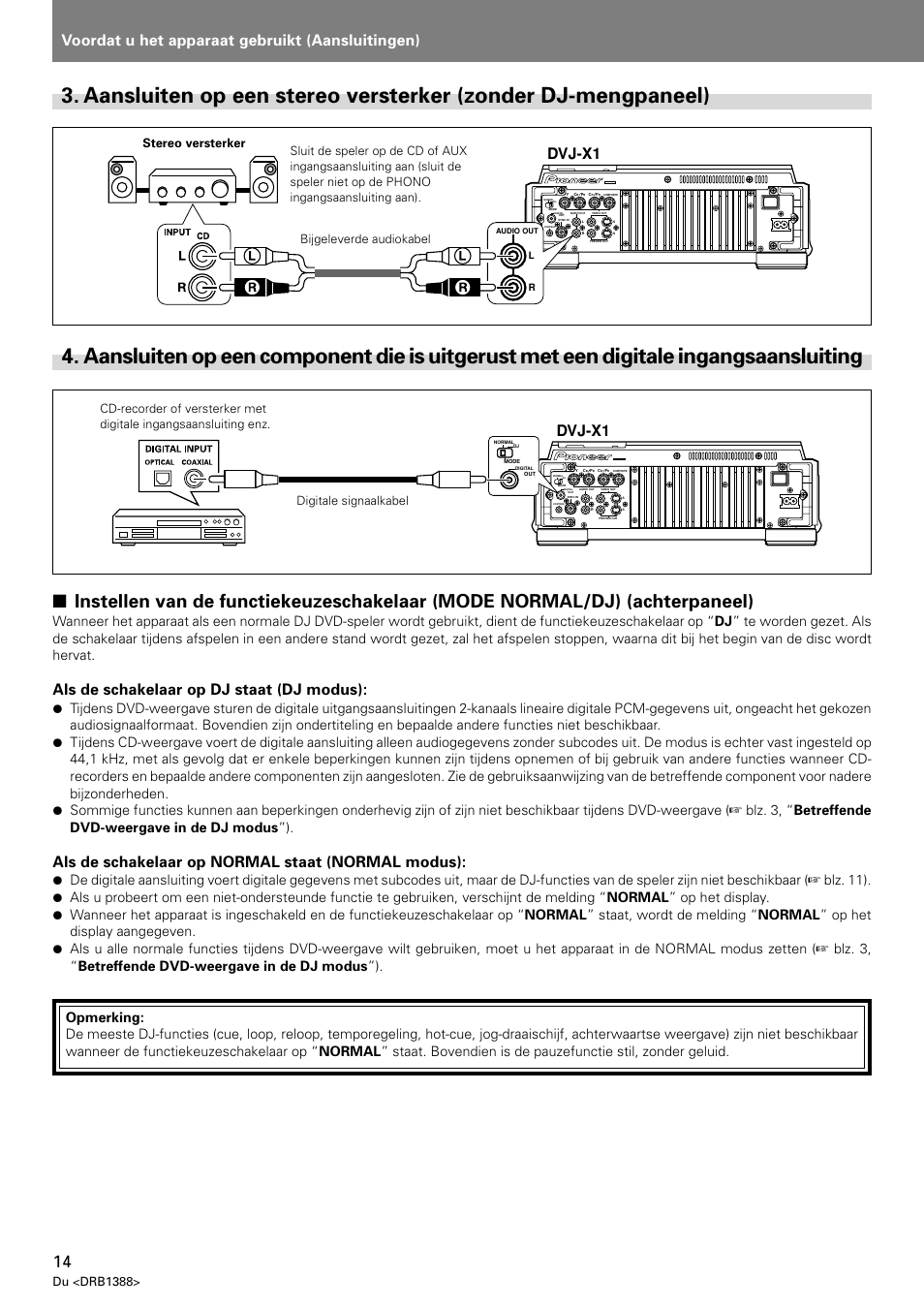 Aansluiten op een stereo versterker, Zonder dj-mengpaneel), Digitale ingangsaansluiting | Voordat u het apparaat gebruikt (aansluitingen), Dvj-x1, Als de schakelaar op dj staat (dj modus), Als de schakelaar op normal staat (normal modus), Du <drb1388 | Pioneer DVJ-X1 User Manual | Page 222 / 308