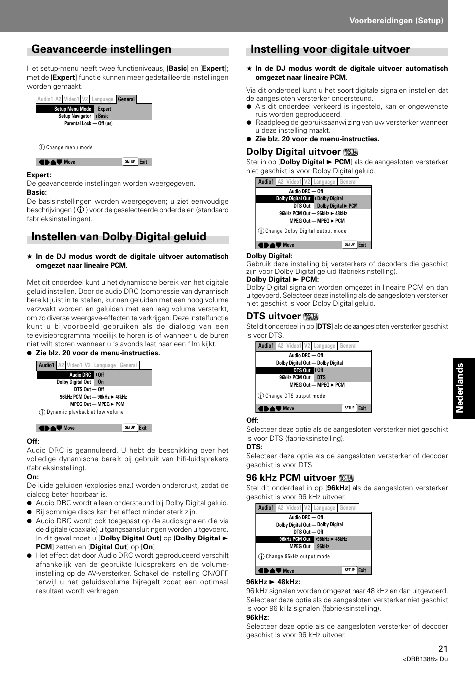 Geavanceerde instellingen, Instellen van dolby digital geluid, Instelling voor digitale uitvoer | Nederlands, Dolby digital uitvoer, Dts uitvoer, 96 khz pcm uitvoer, Voorbereidingen (setup) | Pioneer DVJ-X1 User Manual | Page 229 / 308