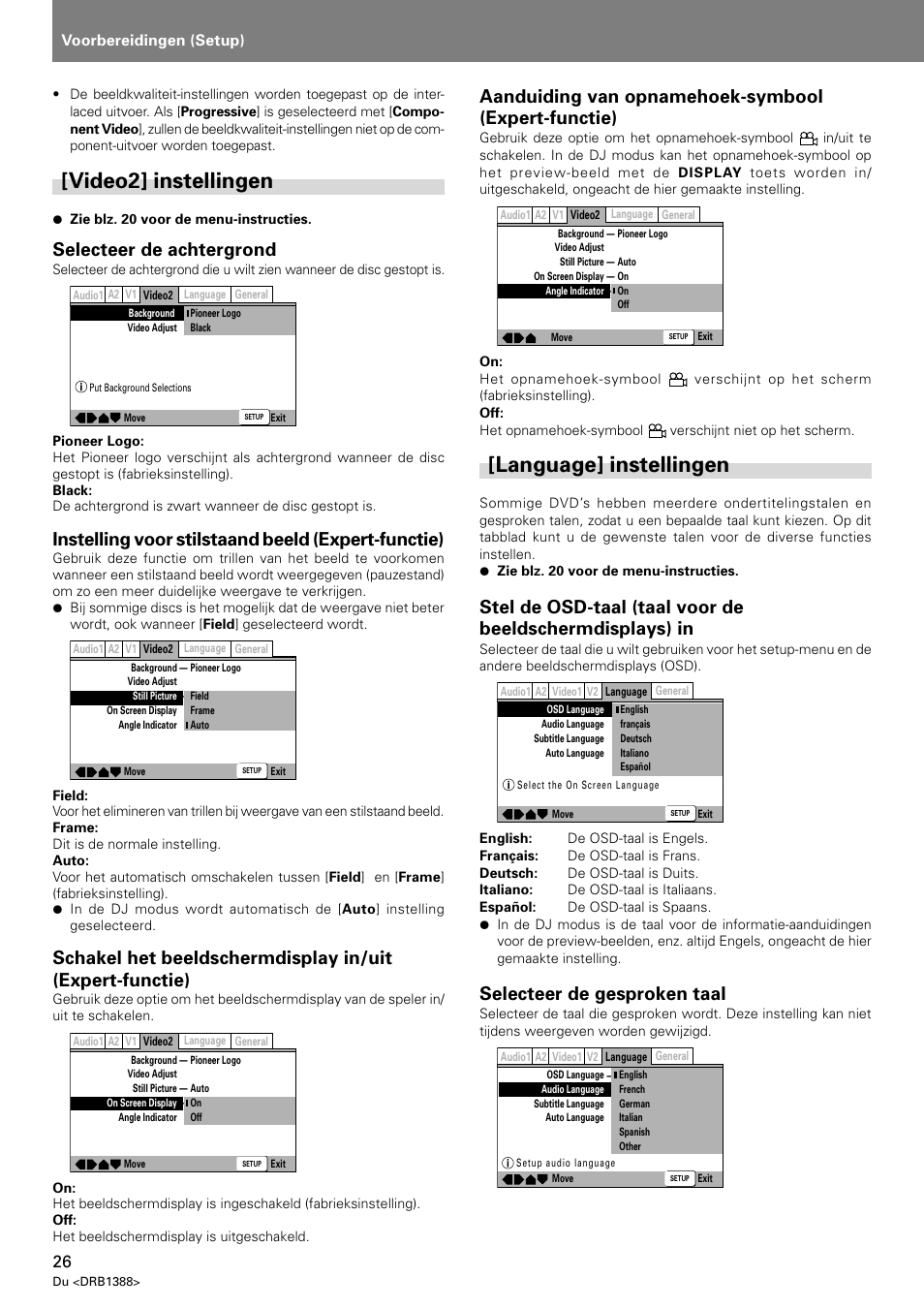 Video2] instellingen [language] instellingen, Video2] instellingen, Language] instellingen | Selecteer de achtergrond, Instelling voor stilstaand beeld (expert-functie), Aanduiding van opnamehoek-symbool (expert-functie), Selecteer de gesproken taal, Voorbereidingen (setup) | Pioneer DVJ-X1 User Manual | Page 234 / 308