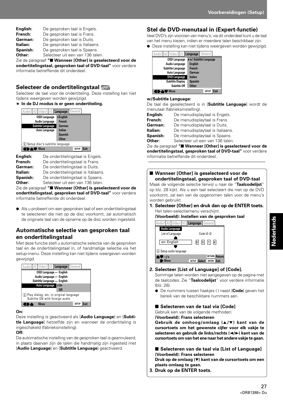 Nederlands, Selecteer de ondertitelingstaal, Stel de dvd-menutaal in (expert-functie) | Pioneer DVJ-X1 User Manual | Page 235 / 308