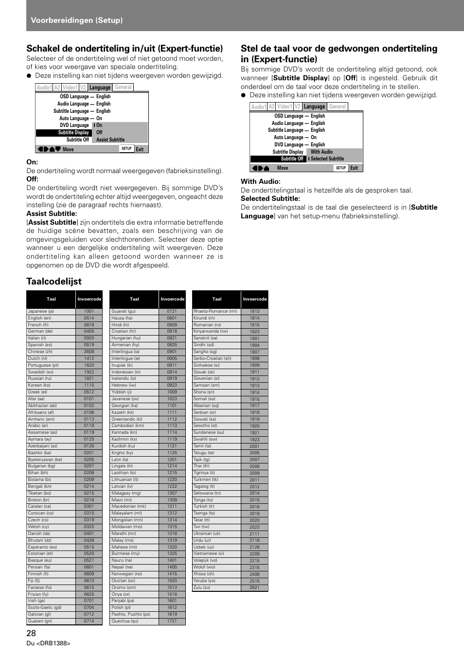 Schakel de ondertiteling in/uit (expert-functie), Taalcodelijst, Voorbereidingen (setup) | Pioneer DVJ-X1 User Manual | Page 236 / 308