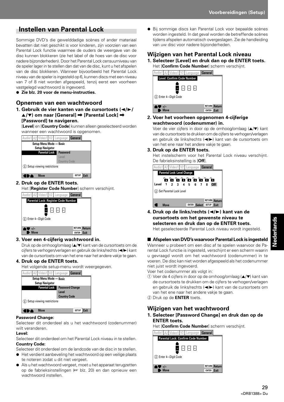 Instellen van parental lock, Nederlands, Opnemen van een wachtwoord | Wijzigen van het parental lock niveau, Wijzigen van het wachtwoord | Pioneer DVJ-X1 User Manual | Page 237 / 308
