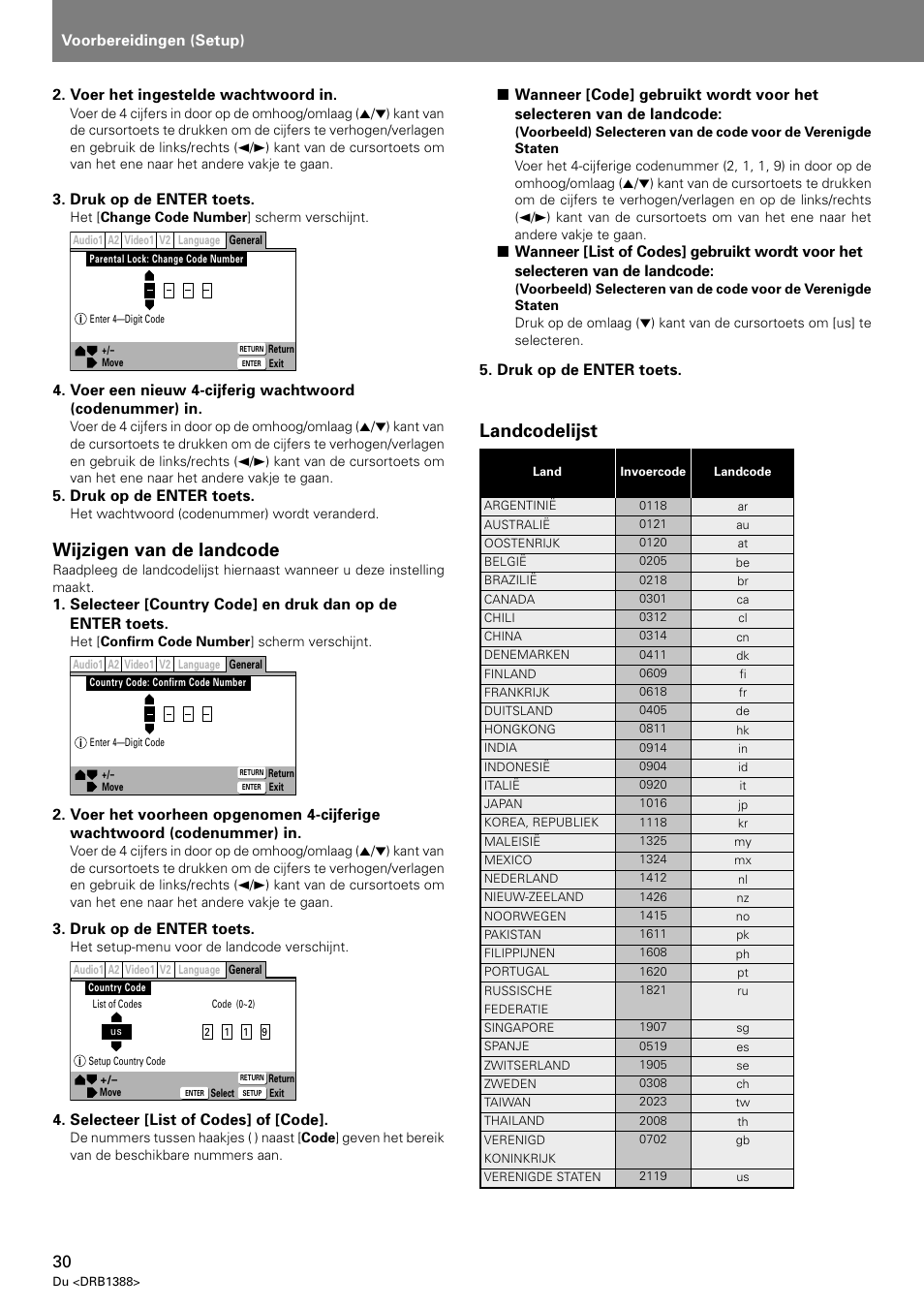 Landcodelijst, Wijzigen van de landcode, Voorbereidingen (setup) | Voer het ingestelde wachtwoord in, Druk op de enter toets, Selecteer [list of codes] of [code | Pioneer DVJ-X1 User Manual | Page 238 / 308