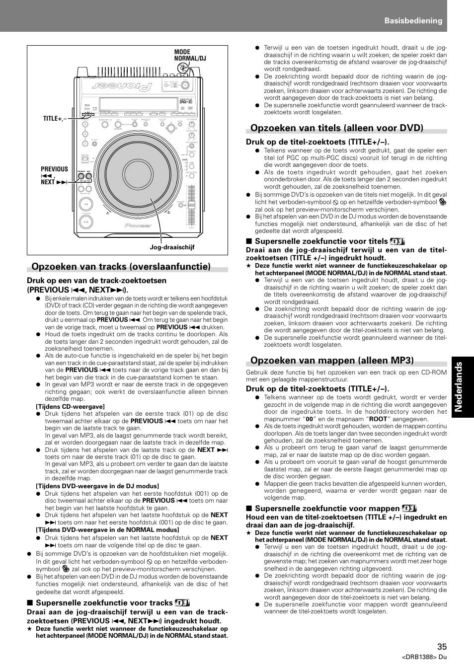 Nederlands, Opzoeken van tracks (overslaanfunctie), Opzoeken van titels (alleen voor dvd) | Opzoeken van mappen (alleen mp3) | Pioneer DVJ-X1 User Manual | Page 243 / 308