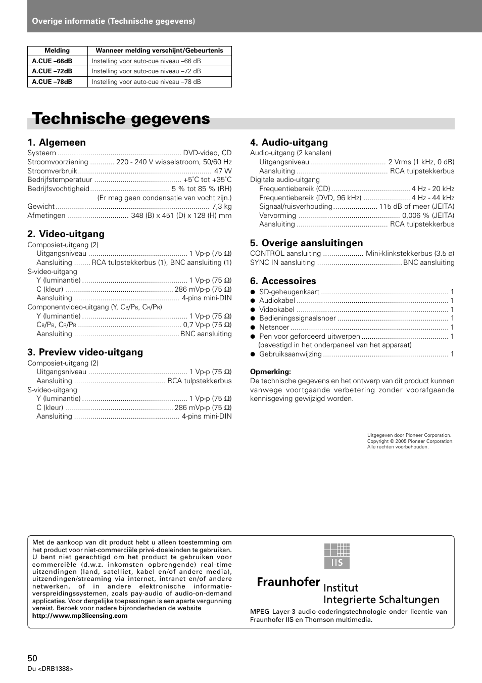 Technische gegevens, Algemeen, Video-uitgang | Preview video-uitgang, Audio-uitgang, Overige aansluitingen, Accessoires | Pioneer DVJ-X1 User Manual | Page 258 / 308