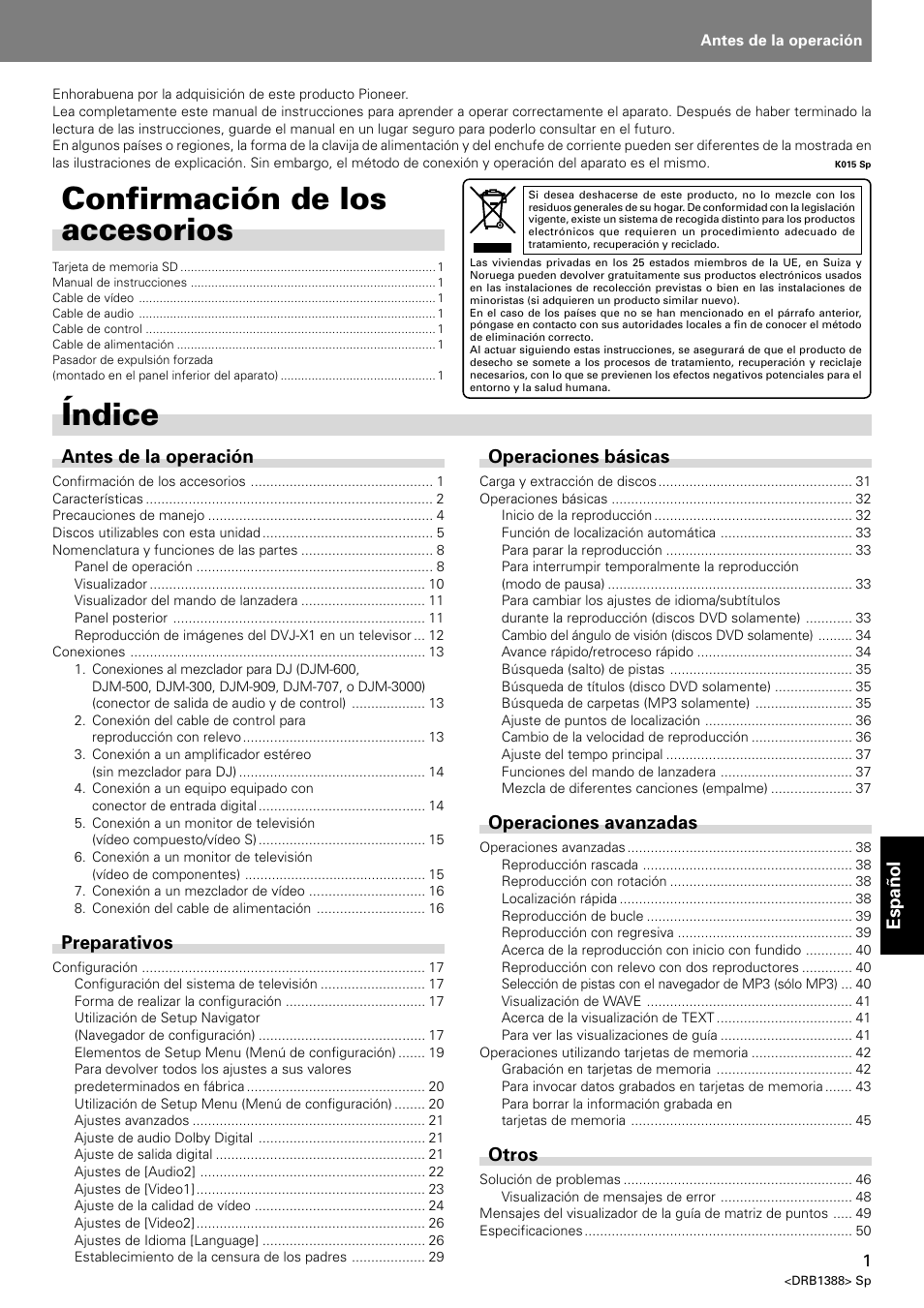 Manual de instrucciones, Índice, Confirmación de los accesorios | Español, Antes de la operación, Preparativos, Operaciones básicas, Operaciones avanzadas, Otros | Pioneer DVJ-X1 User Manual | Page 259 / 308