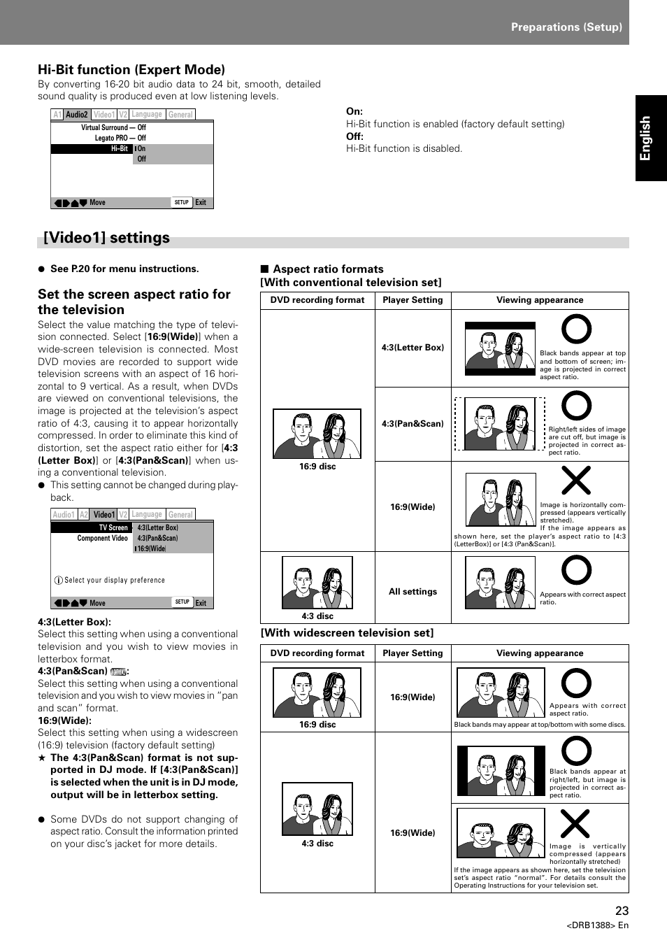 Video1] settings, English, Set the screen aspect ratio for the television | Hi-bit function (expert mode), Preparations (setup), With widescreen television set | Pioneer DVJ-X1 User Manual | Page 27 / 308