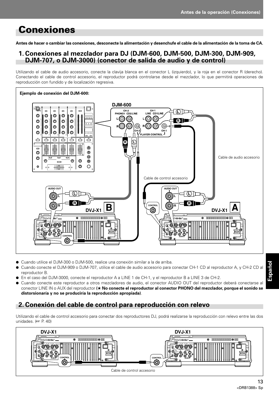 Conexiones, Conexiones al mezclador para dj (djm-600, Conexión del cable de control para | Reproducción con relevo, Aconexiones, Español, Antes de la operación (conexiones), Djm-600 dvj-x1, Dvj-x1, Drb1388> sp | Pioneer DVJ-X1 User Manual | Page 271 / 308