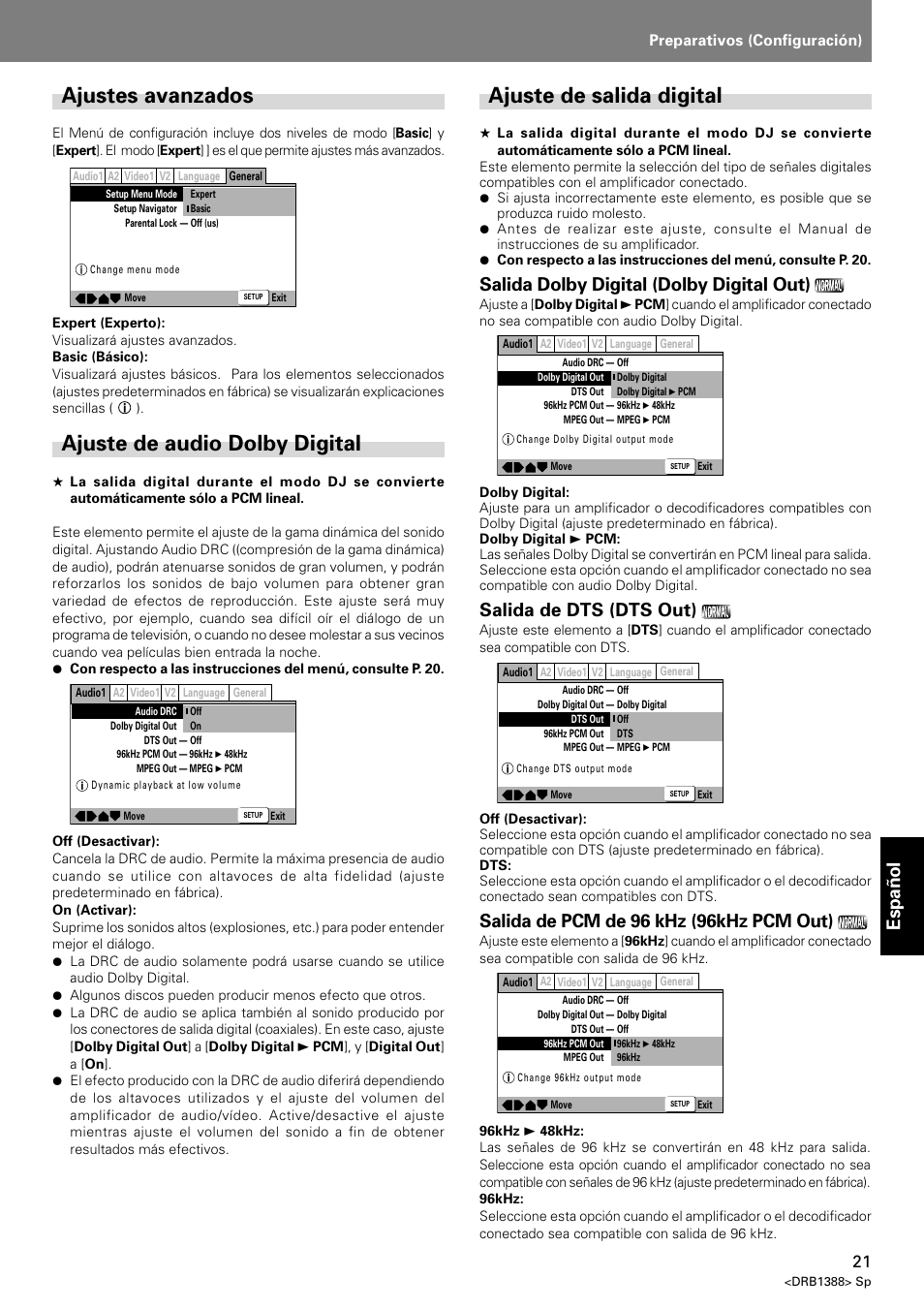 Ajustes avanzados, Ajuste de audio dolby digital, Ajuste de salida digital | Espa ñ ol, Salida dolby digital (dolby digital out), Salida de dts (dts out), Salida de pcm de 96 khz (96khz pcm out), Preparativos (configuración) | Pioneer DVJ-X1 User Manual | Page 279 / 308