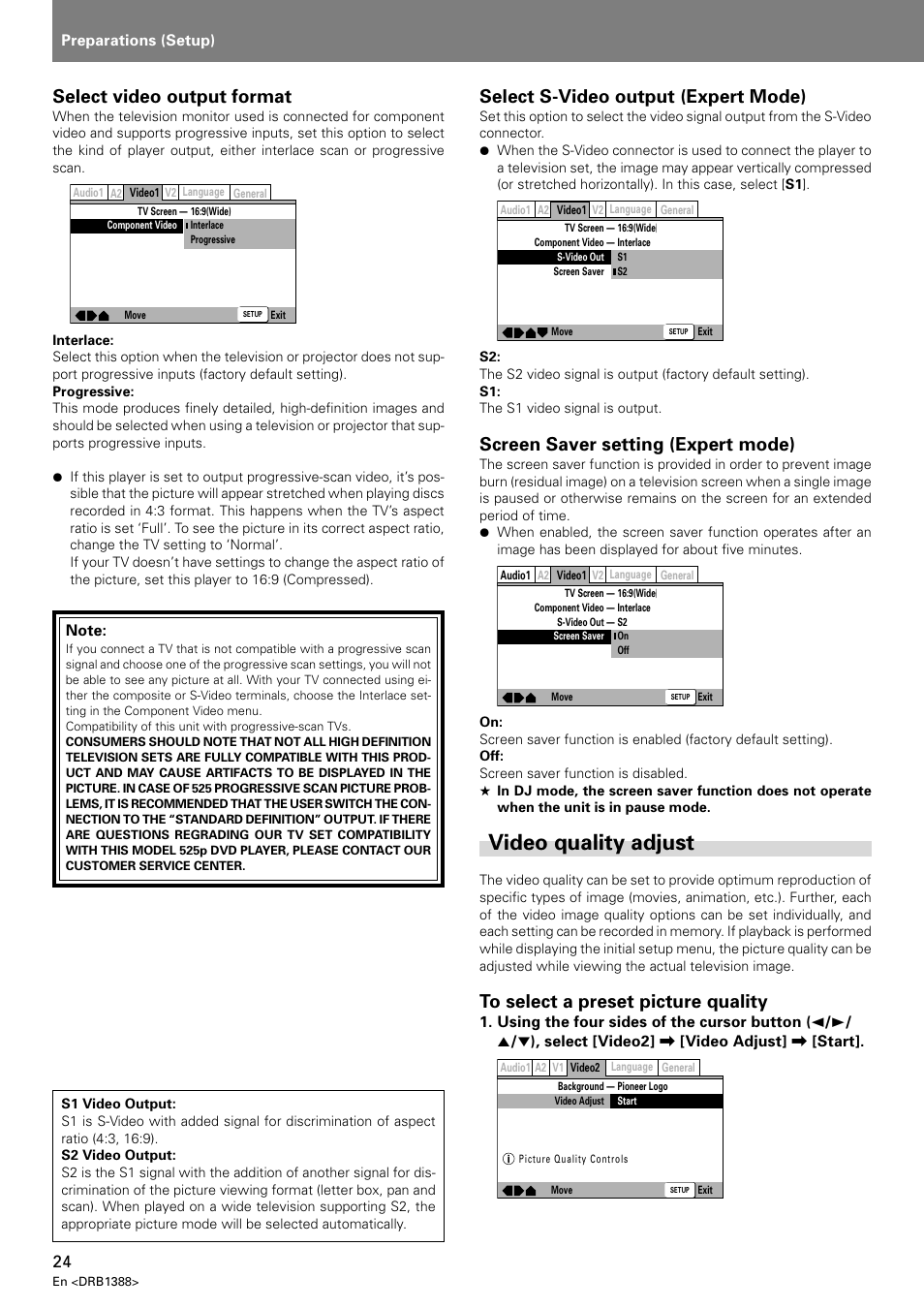 Video quality adjust, Select video output format, Select s-video output (expert mode) | Screen saver setting (expert mode), Preparations (setup) | Pioneer DVJ-X1 User Manual | Page 28 / 308
