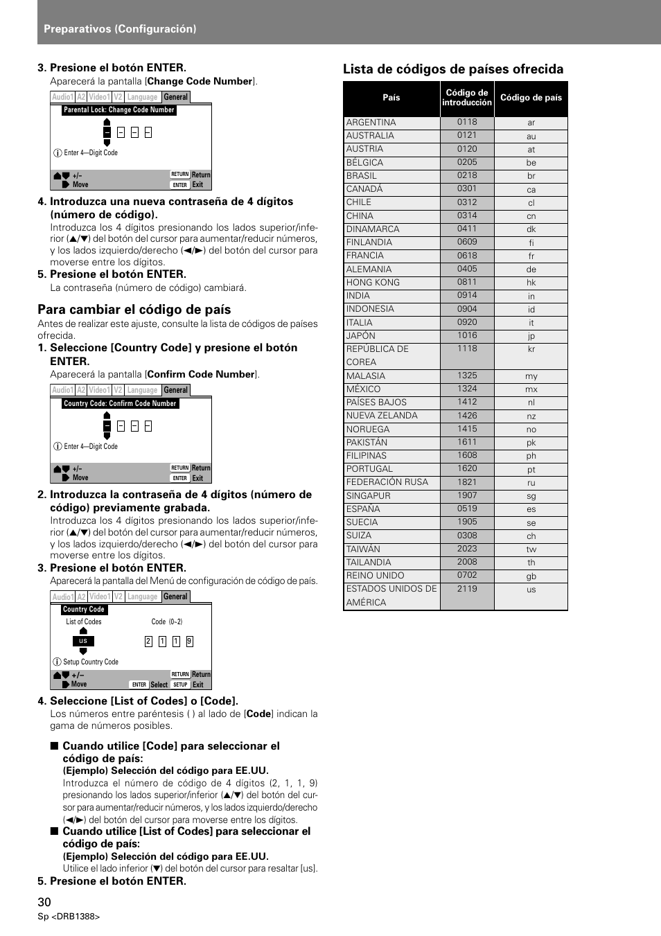 Para cambiar el código de país, Lista de códigos de países ofrecida, Preparativos (configuración) | Presione el botón enter, Seleccione [list of codes] o [code | Pioneer DVJ-X1 User Manual | Page 288 / 308