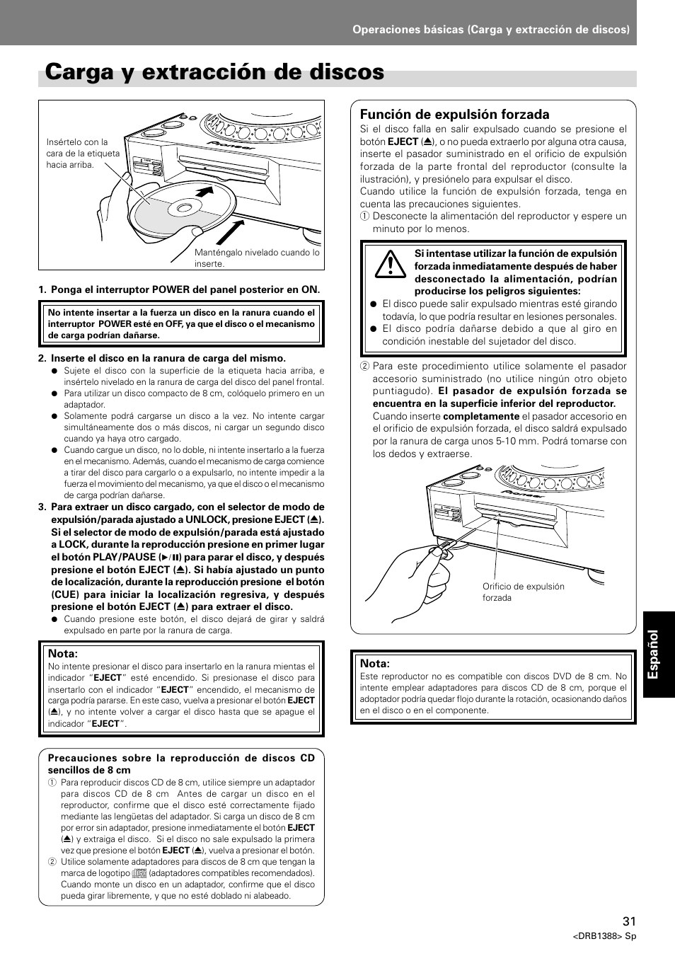 Carga y extracción de discos, Español, Función de expulsión forzada | Pioneer DVJ-X1 User Manual | Page 289 / 308