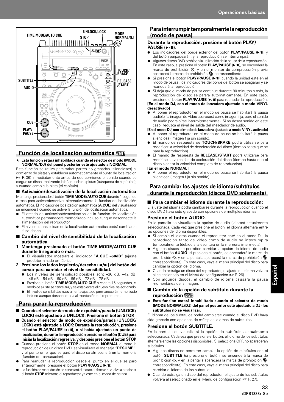 Espa ñ ol, Función de localización automática, Para parar la reproducción | Pioneer DVJ-X1 User Manual | Page 291 / 308