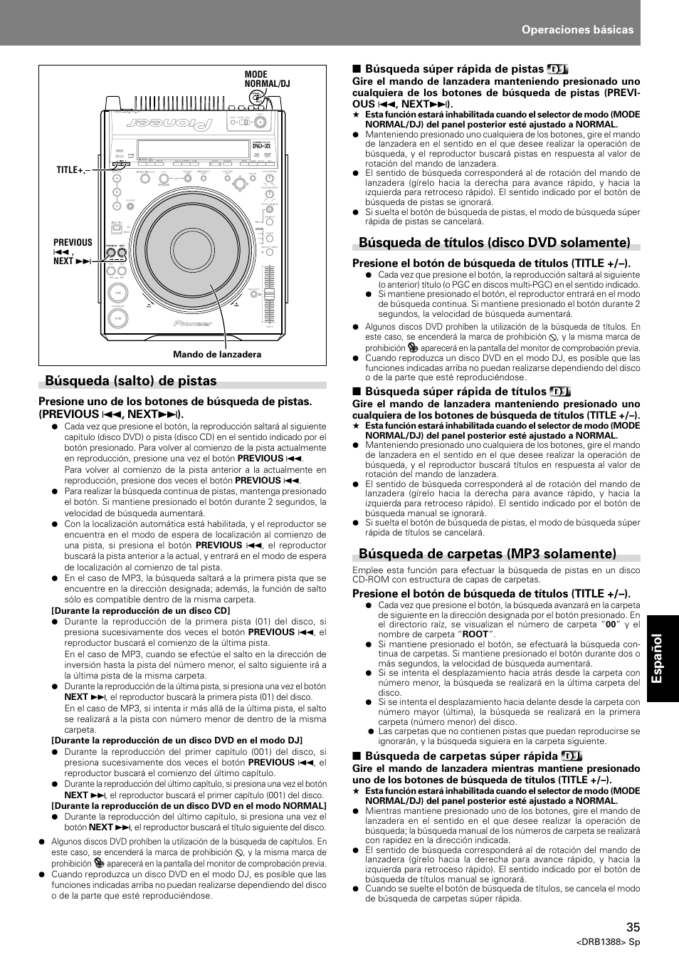 Espa ñ ol, Búsqueda (salto) de pistas, Búsqueda de títulos (disco dvd solamente) | Búsqueda de carpetas (mp3 solamente) | Pioneer DVJ-X1 User Manual | Page 293 / 308