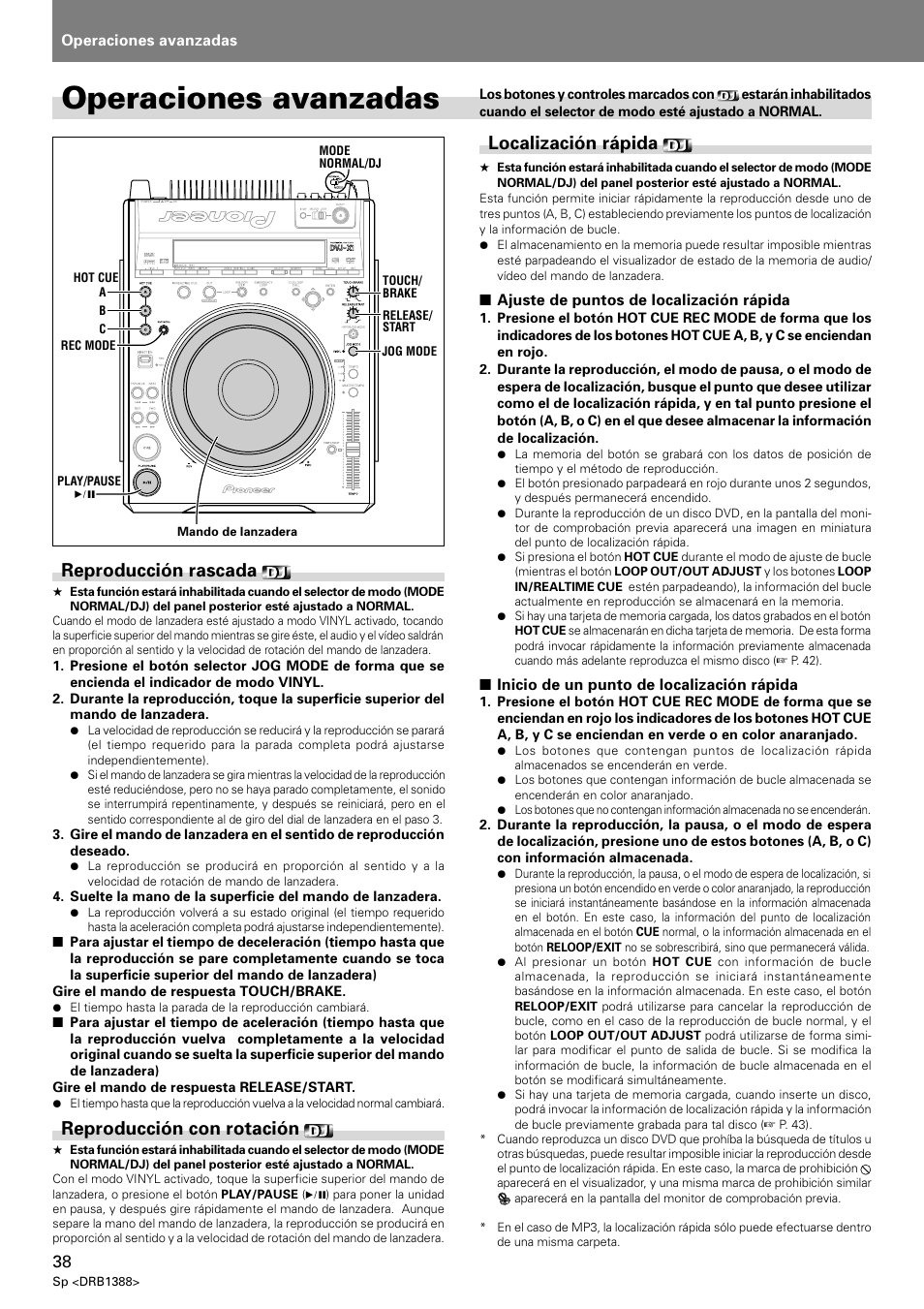 Operaciones avanzadas, Reproducción rascada, Reproducción con rotación | Localización rápida | Pioneer DVJ-X1 User Manual | Page 296 / 308