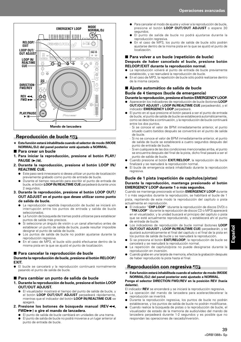 Reproducción de bucle reproducción con regresiva, Español reproducción de bucle, Reproducción con regresiva | Pioneer DVJ-X1 User Manual | Page 297 / 308
