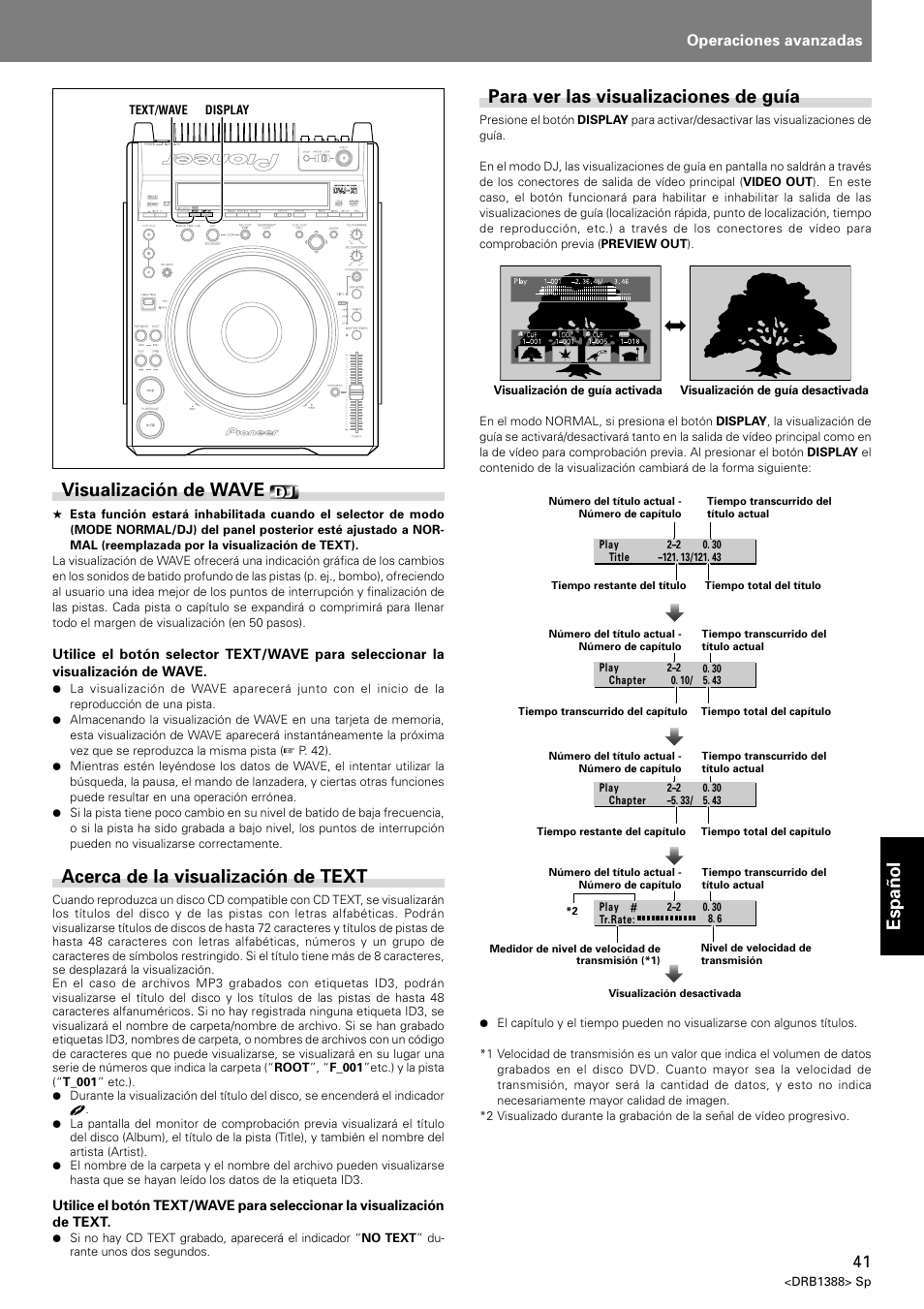 Espa ñ ol para ver las visualizaciones de guía, Visualización de wave, Acerca de la visualización de text | Operaciones avanzadas | Pioneer DVJ-X1 User Manual | Page 299 / 308