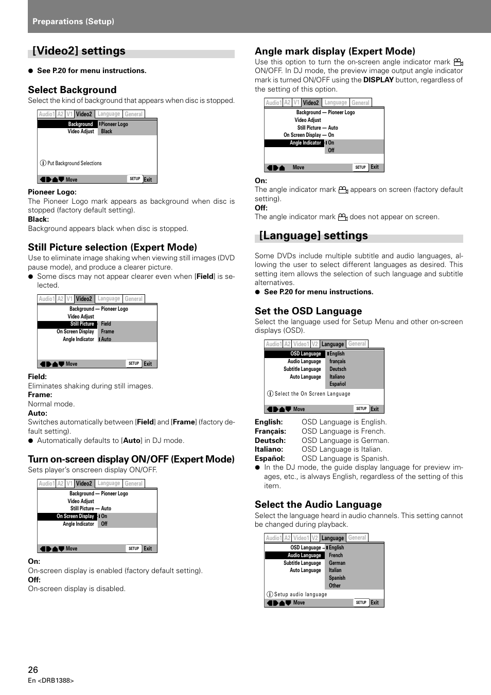 Video2] settings [language] settings, Video2] settings, Language] settings | Select background, Still picture selection (expert mode), Turn on-screen display on/off (expert mode), Angle mark display (expert mode), Set the osd language, Select the audio language, Preparations (setup) | Pioneer DVJ-X1 User Manual | Page 30 / 308