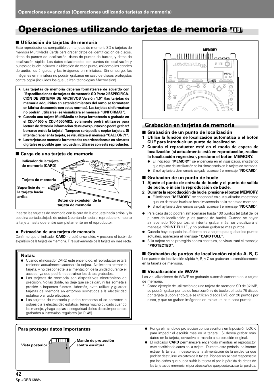 Operaciones utilizando tarjetas de memoria, Grabación en tarjetas de memoria | Pioneer DVJ-X1 User Manual | Page 300 / 308