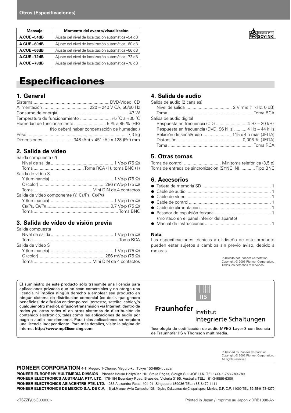Especificaciones, General, Salida de vídeo | Salida de vídeo de visión previa, Salida de audio, Otras tomas, Accesorios | Pioneer DVJ-X1 User Manual | Page 308 / 308